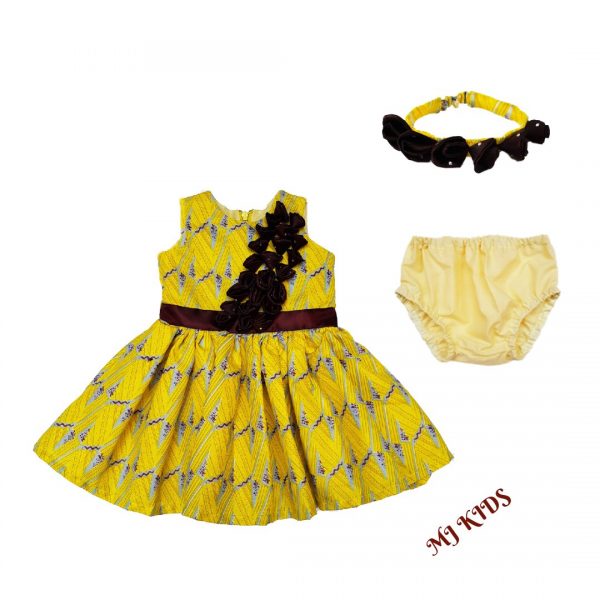 Ankara Yellow dress, diaper cover and headband set